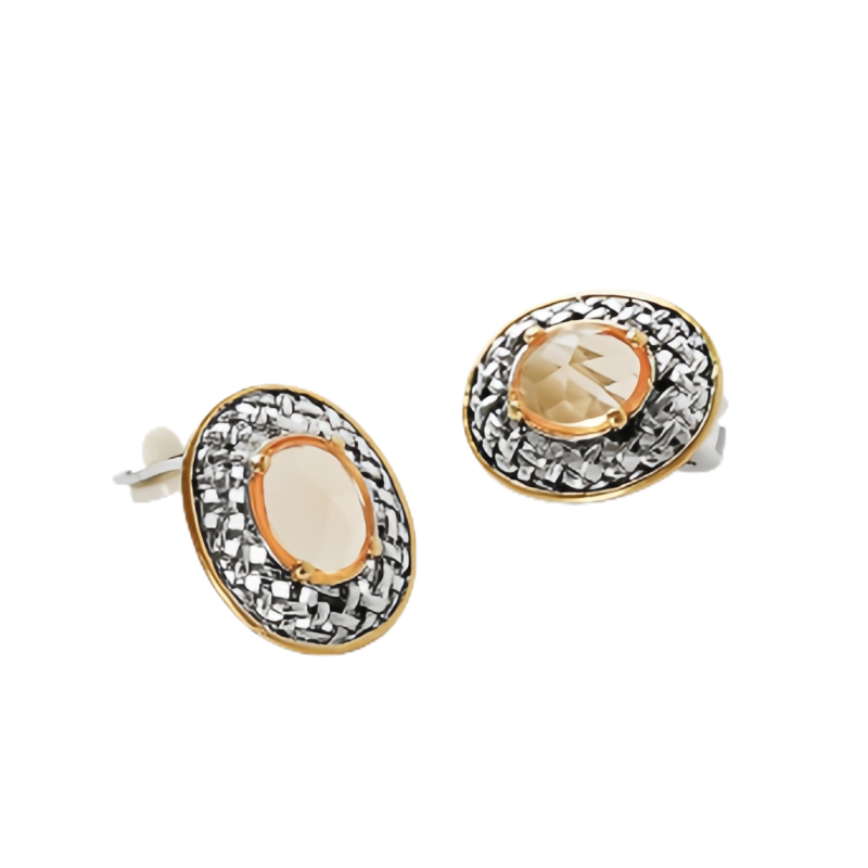 Elegant Cream - Colored Stone Stud Brass Earrings with Intricate Weave Design - A Sophisticated Accessory