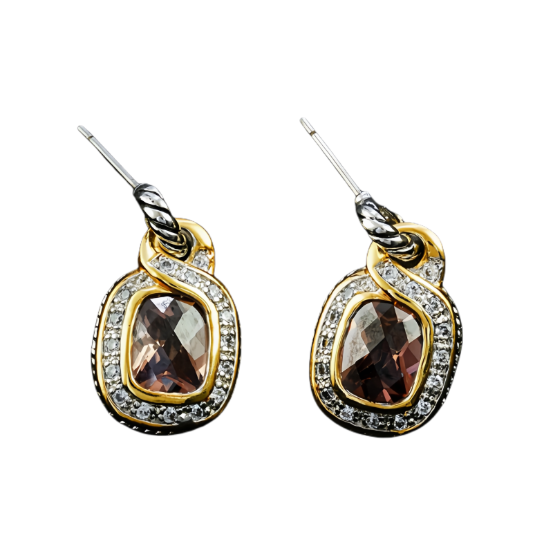 Elegant Smoky Quartz and Diamond - Accented Brass Earrings - A Timeless Accessory