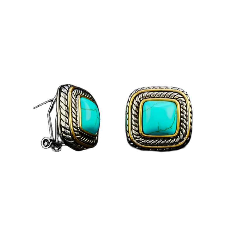 Elegant Turquoise - Inlaid Brass Earrings with Intricate Braid Design - A Timeless Accessory